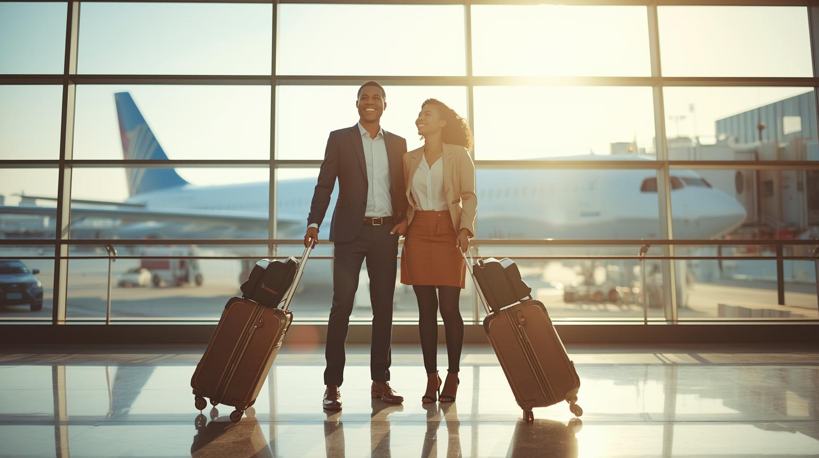 “A happy African couple at the airport with luggage, ready to travel, airplane in the background, bright daylight, professional travel agency vibe, realistic photography style”