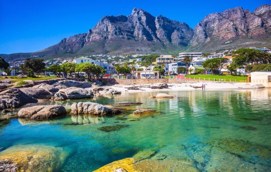 Panorama of Cape Town, South Africa. The city beach against magnificent mountains